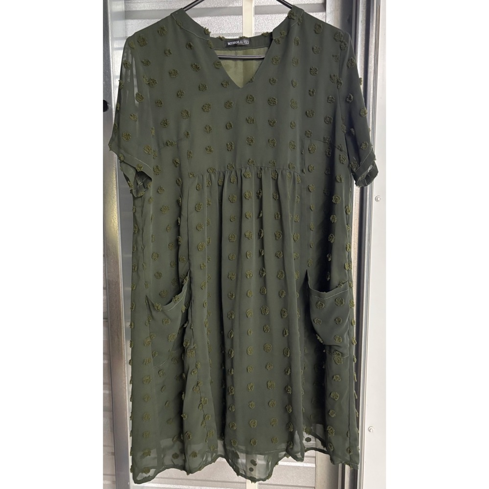 MIHOLL Olive Green Swiss Dot Babydoll Dress Split V-Neck Pockets Large